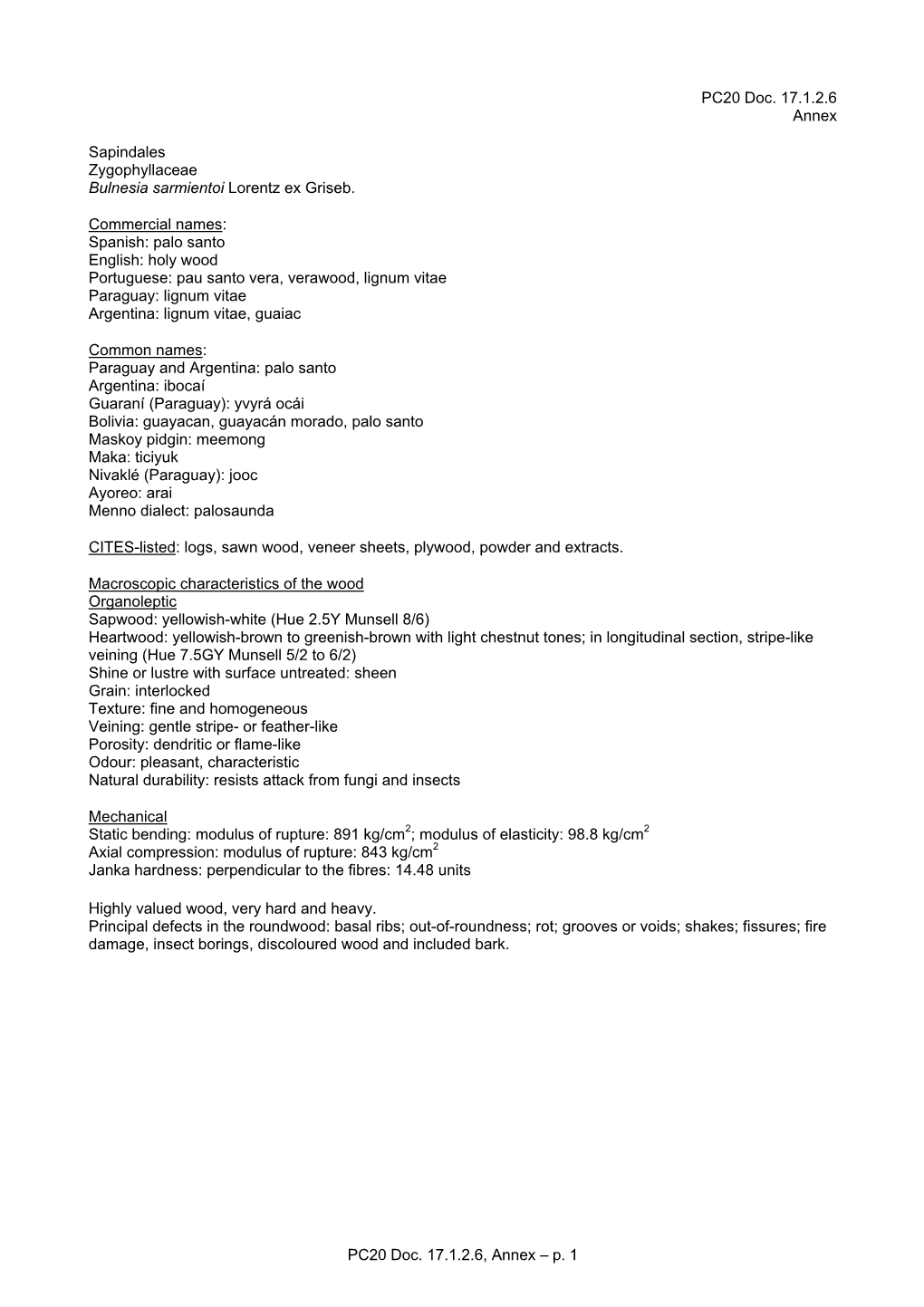 PC20 Doc. 17.1.2.6 Annex Sapindales Zygophyllaceae Bulnesia