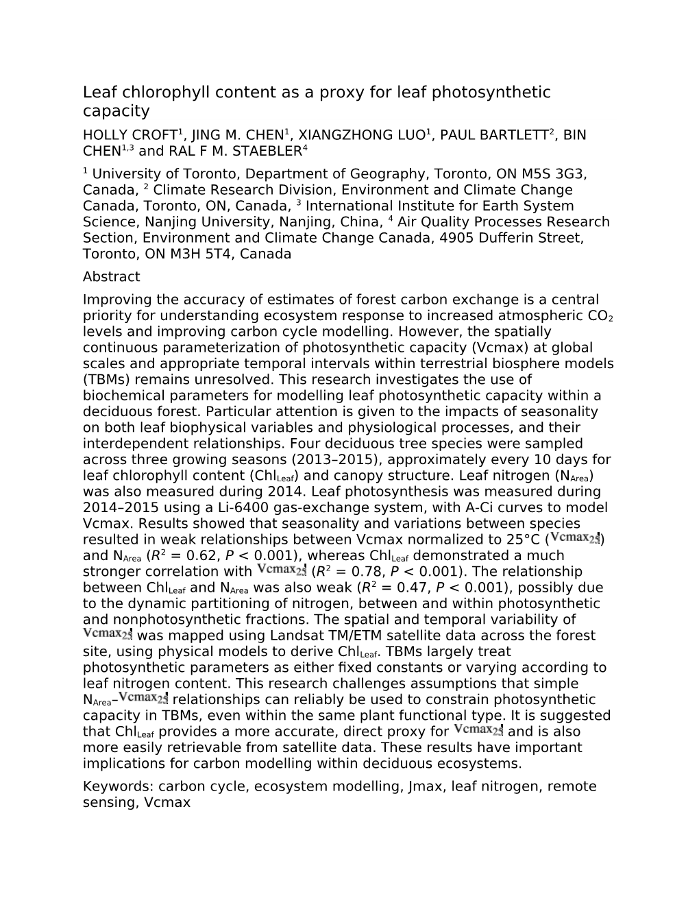 Leaf Chlorophyll Content As a Proxy for Leaf Photosynthetic Capacity HOLLY CROFT1, JING M