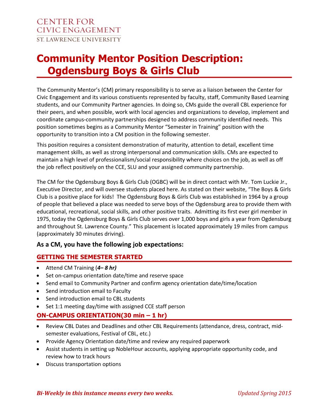 Community Mentor Position Description: Ogdensburg Boys & Girls Club