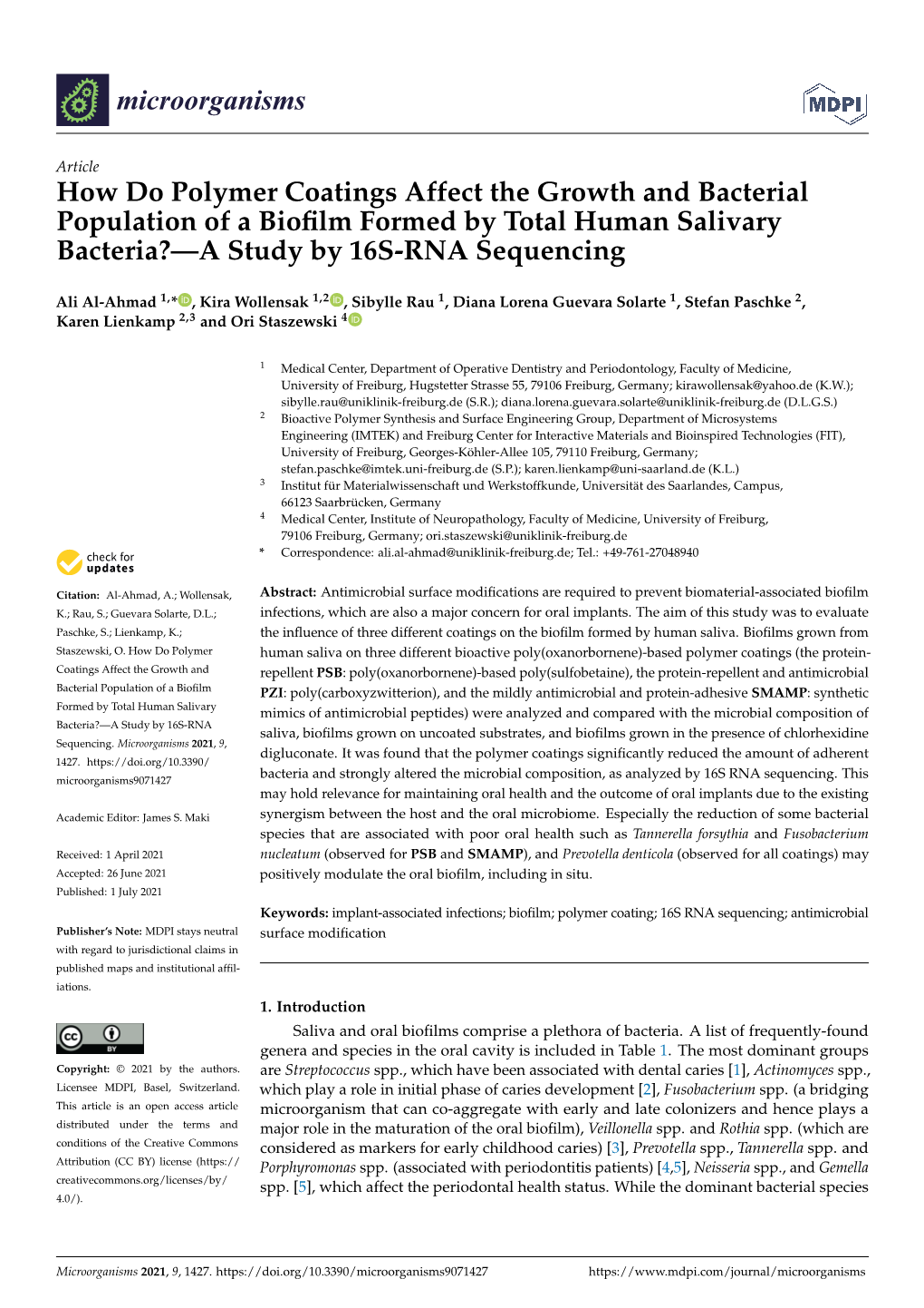 How Do Polymer Coatings Affect the Growth and Bacterial Population of a Bioﬁlm Formed by Total Human Salivary Bacteria?—A Study by 16S-RNA Sequencing