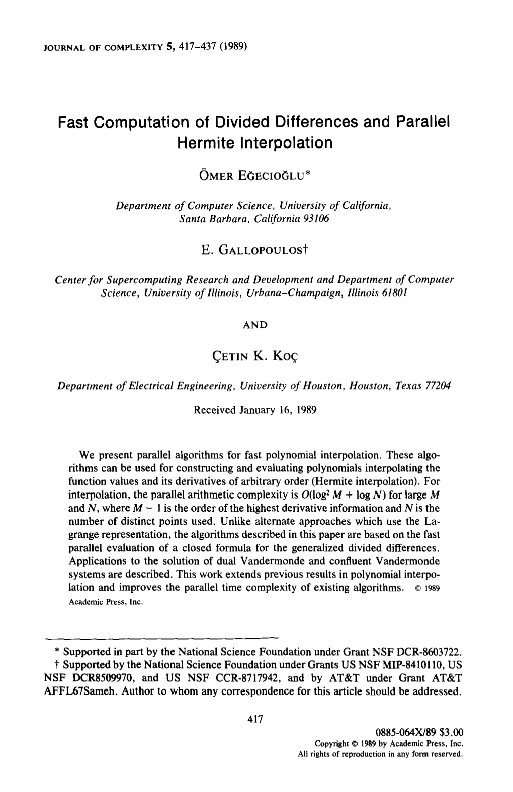 Fast Computation of Divided Differences and Parallel Hermite Interpolation