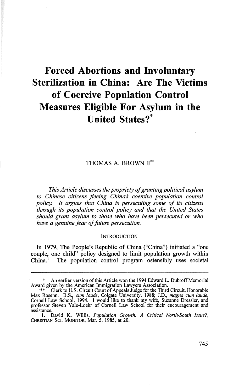Forced Abortions and Involuntary Sterlization in China: Are the Victims of Coercive Population Control Measures Eligible For