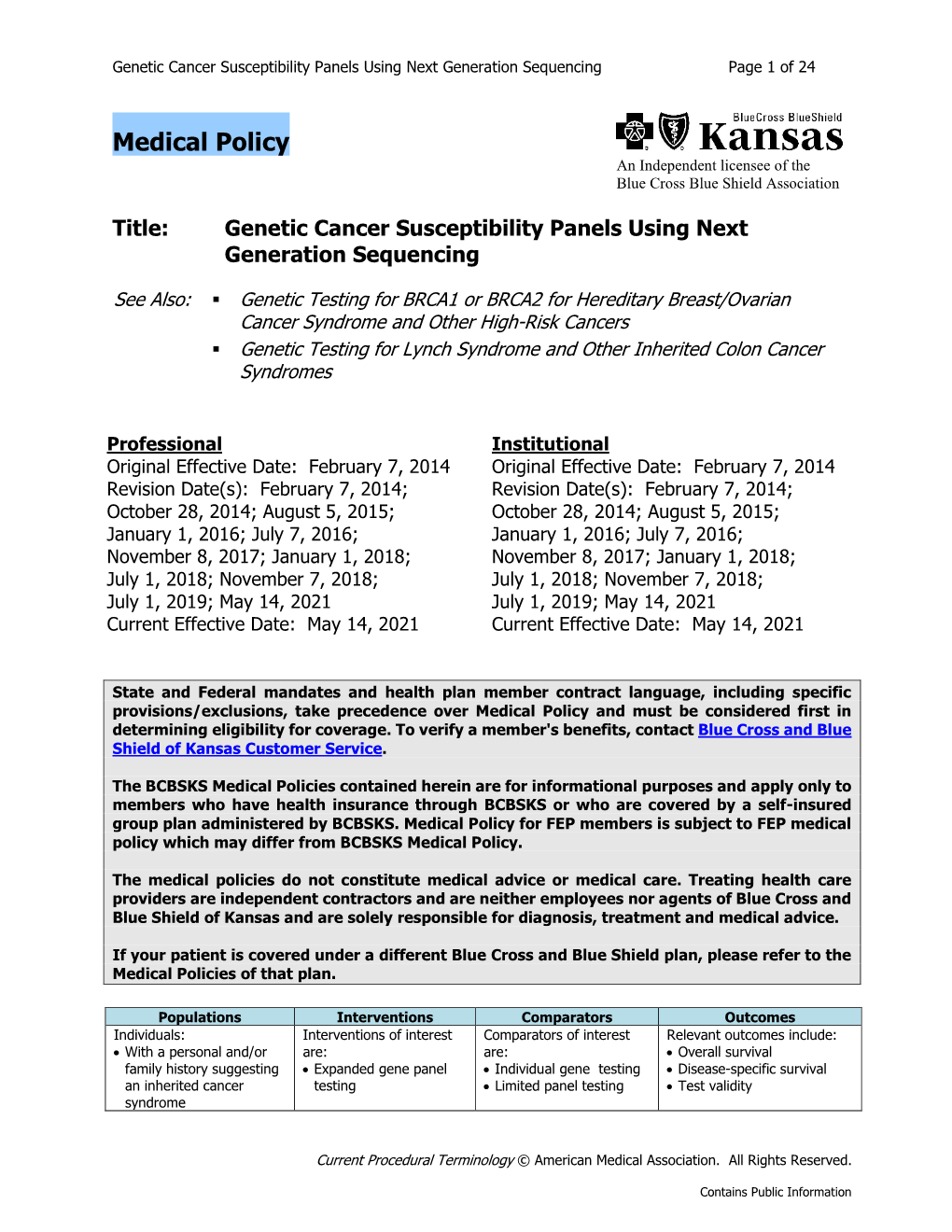 Genetic Cancer Susceptibility Panels Using Next Generation Sequencing Page 1 of 24