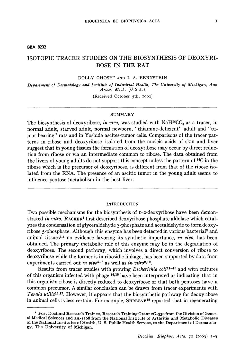 Isotopic Tracer Studies on the Biosynthesis of Deoxyri- Bose in the Rat