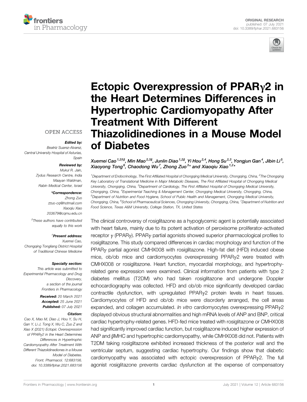 Ectopic Overexpression of Pparγ2 in the Heart Determines Differences in Hypertrophic Cardiomyopathy After Treatment with Differ