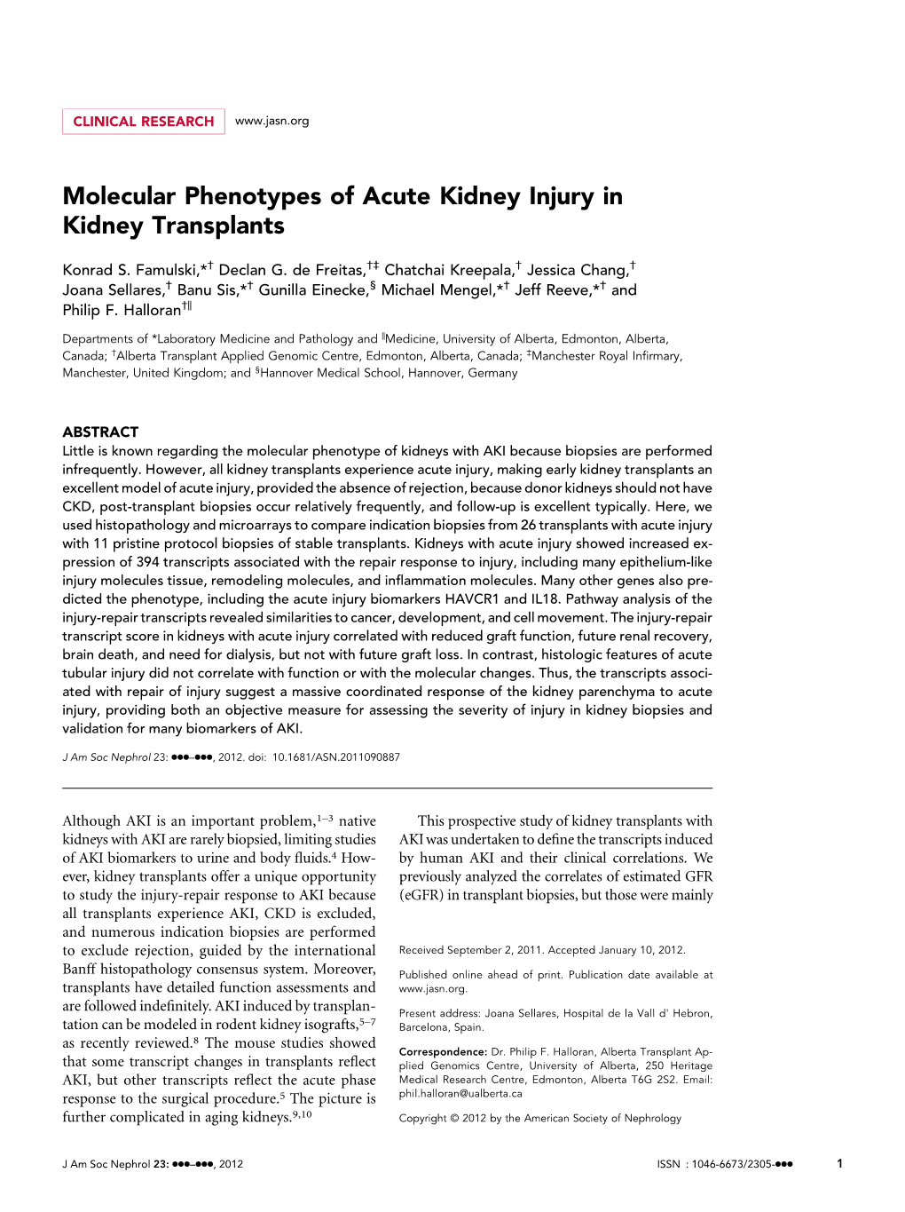Molecular Phenotypes of Acute Kidney Injury in Kidney Transplants