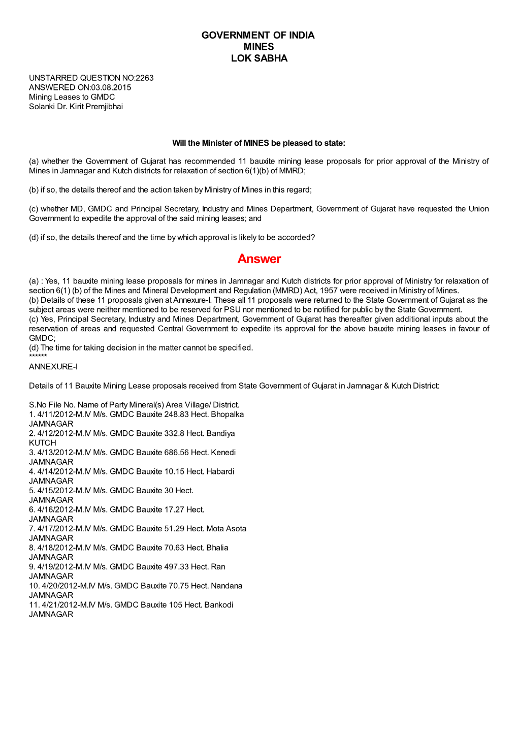 ANSWERED ON:03.08.2015 Mining Leases to GMDC Solanki Dr