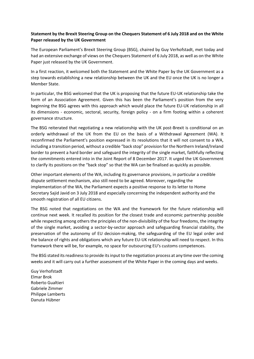 Statement by the Brexit Steering Group on the Chequers Statement of 6 July 2018 and on the White Paper Released by the UK Government