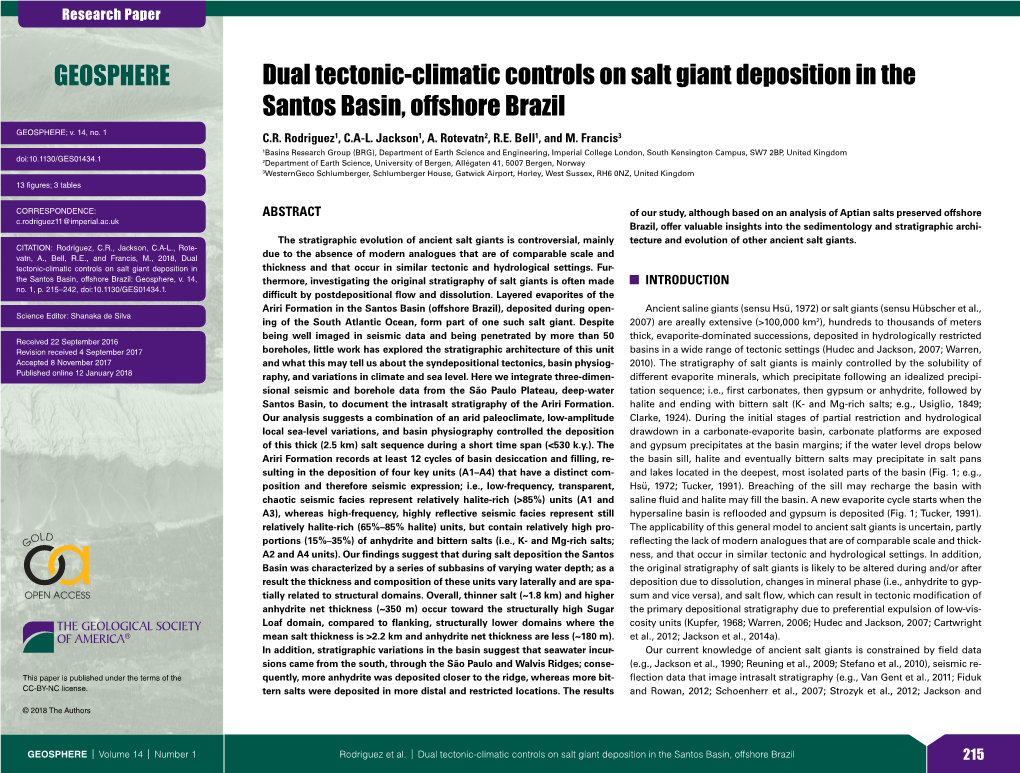 Dual Tectonic-Climatic Controls on Salt Giant Deposition in the Santos Basin, Offshore Brazil GEOSPHERE; V