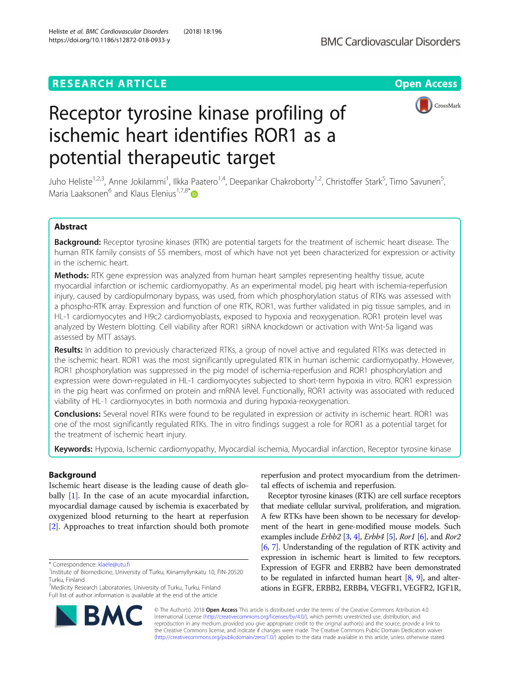 Receptor Tyrosine Kinase Profiling of Ischemic Heart Identifies ROR1 As A