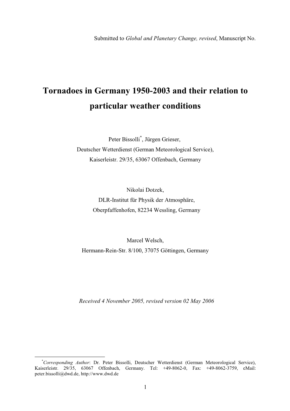 Tornadoes in Germany 1950-2003 and Their Relation to Particular Weather Conditions