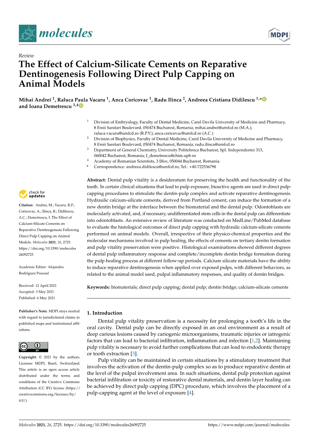 The Effect of Calcium-Silicate Cements on Reparative Dentinogenesis Following Direct Pulp Capping on Animal Models