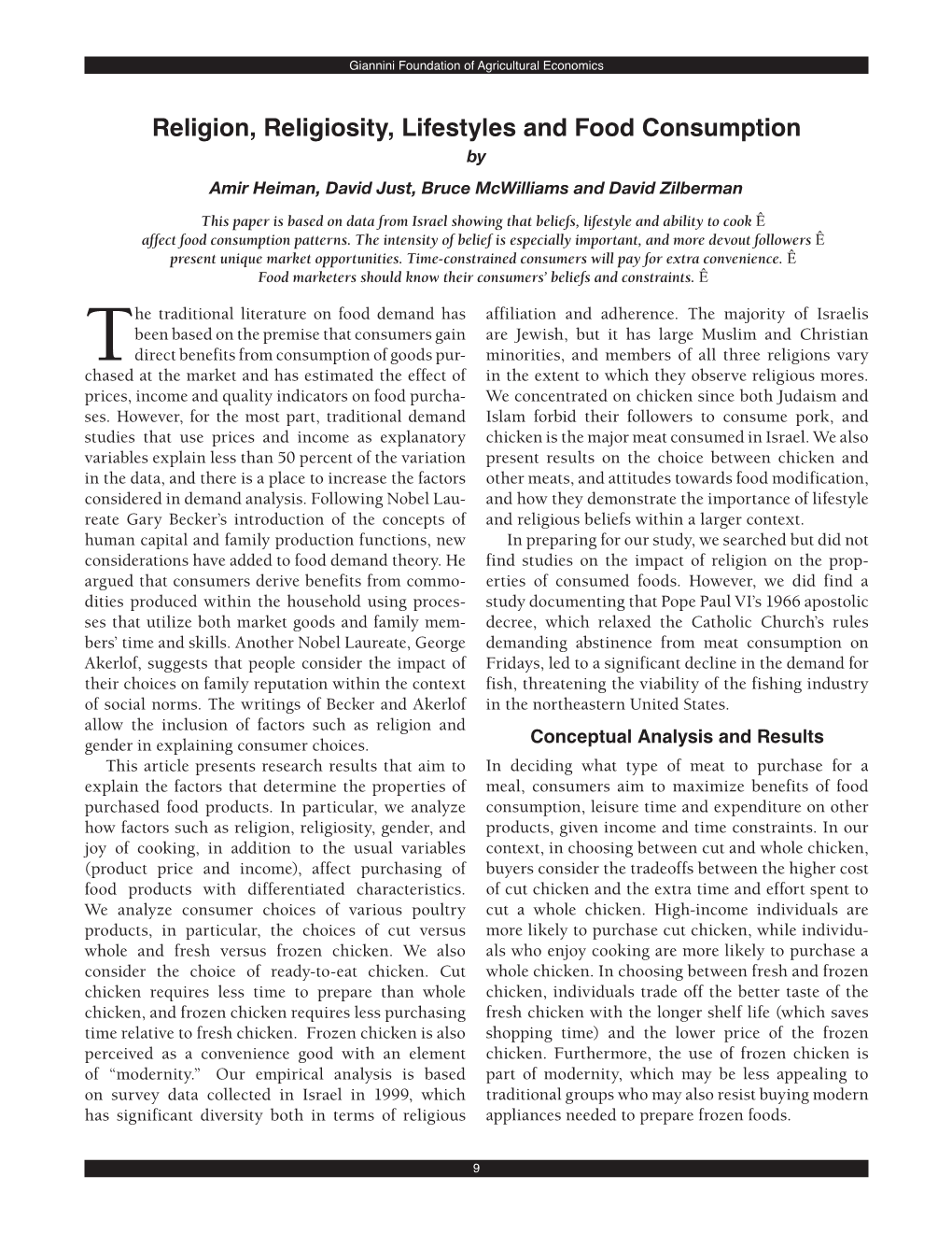 Religion, Religiosity, Lifestyles and Food Consumption by Amir Heiman, David Just, Bruce Mcwilliams and David Zilberman