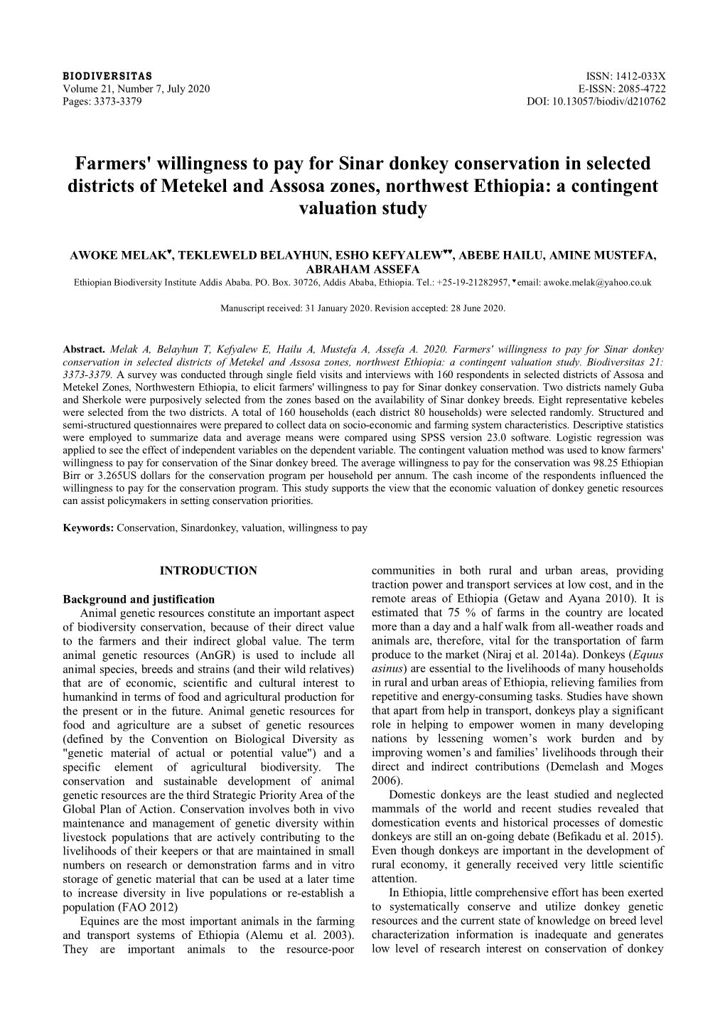 Farmers' Willingness to Pay for Sinar Donkey Conservation in Selected Districts of Metekel and Assosa Zones, Northwest Ethiopia: a Contingent Valuation Study