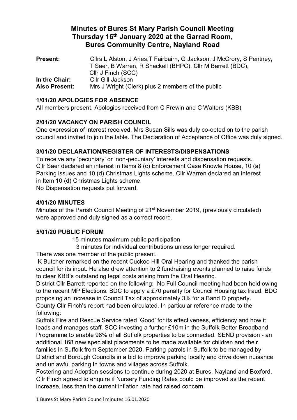 Minutes of Bures St Mary Parish Council Meeting Thursday 16Th January 2020 at the Garrad Room, Bures Community Centre, Nayland Road