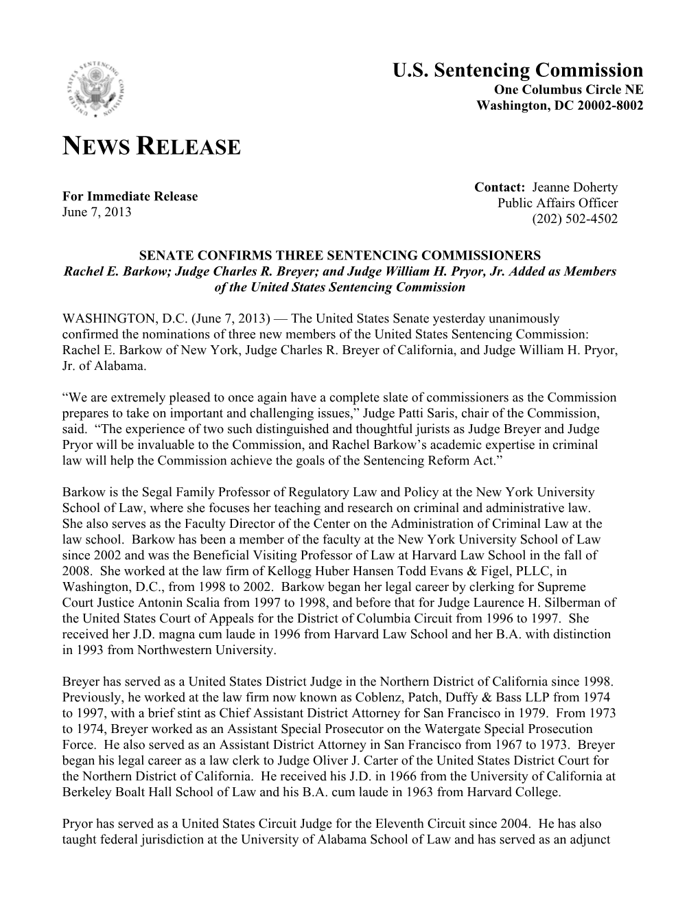 News Release: Senate Confirms Three Sentencing Commissioners