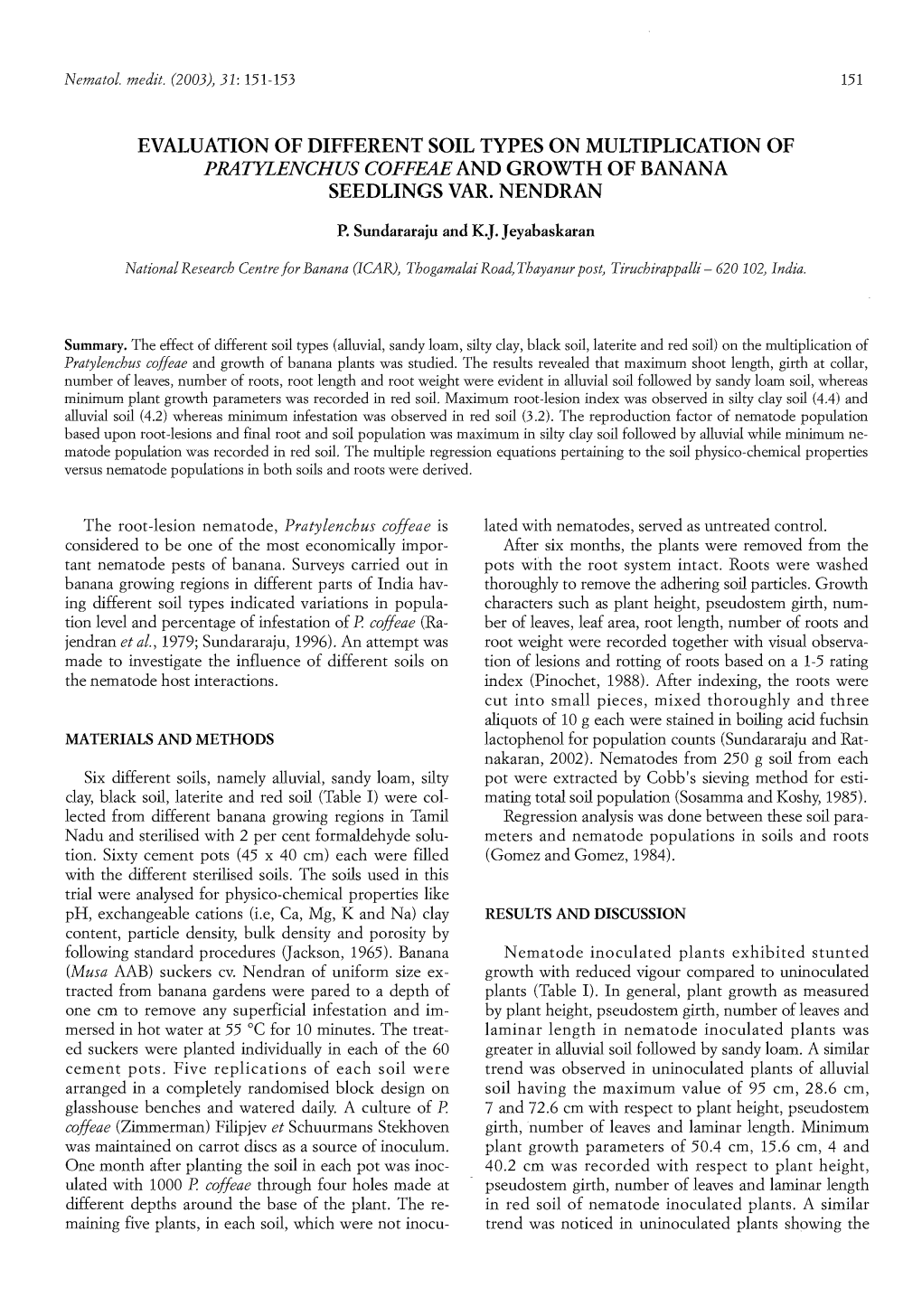 Evaluation of Different Soil Types on Multiplication of Pratylenchus Coffeae and Growth of Banana Seedlings Var