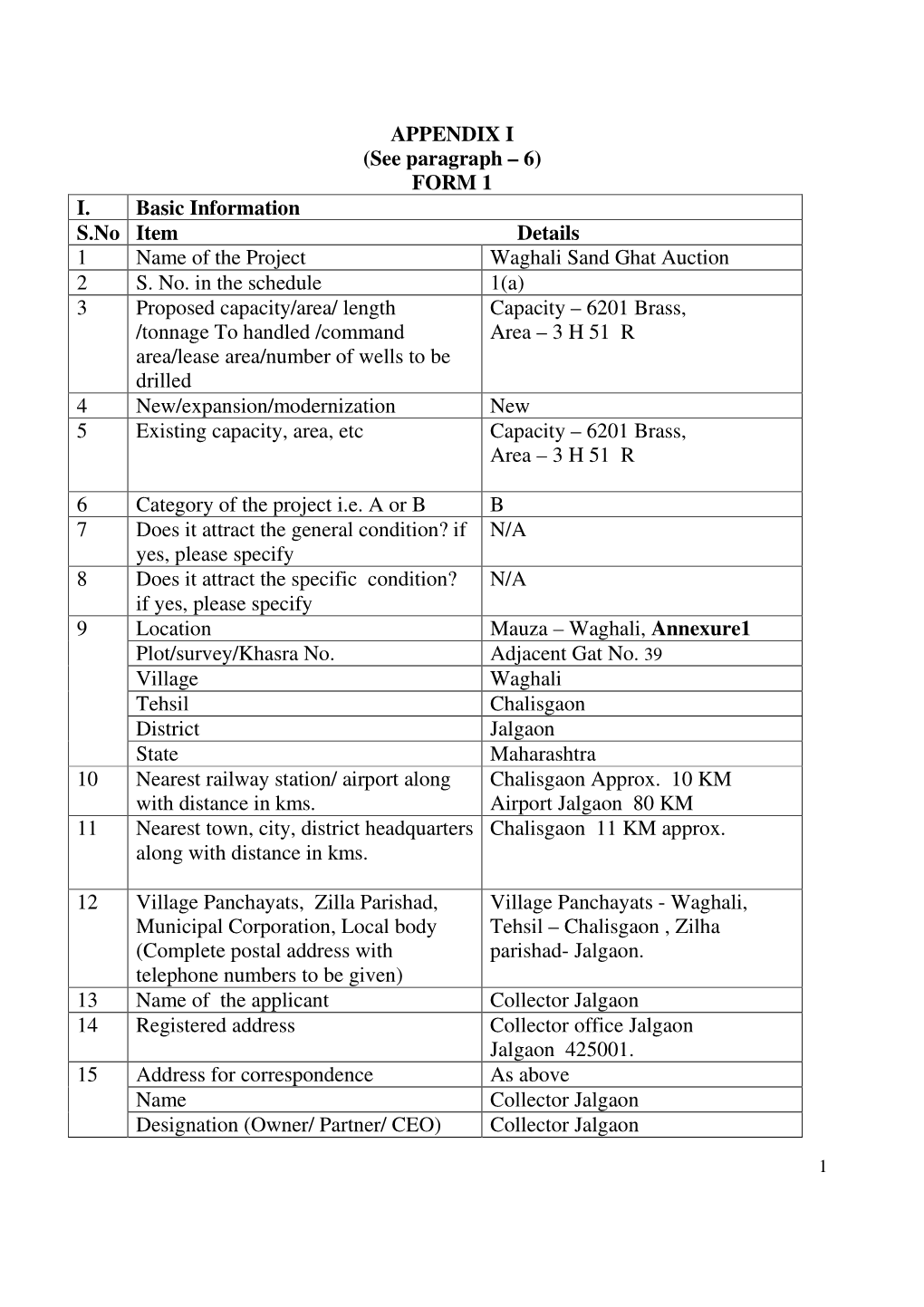 FORM 1 I. Basic Information S.No Item Details 1 Name of the Project Waghali Sand Ghat Auction 2 S