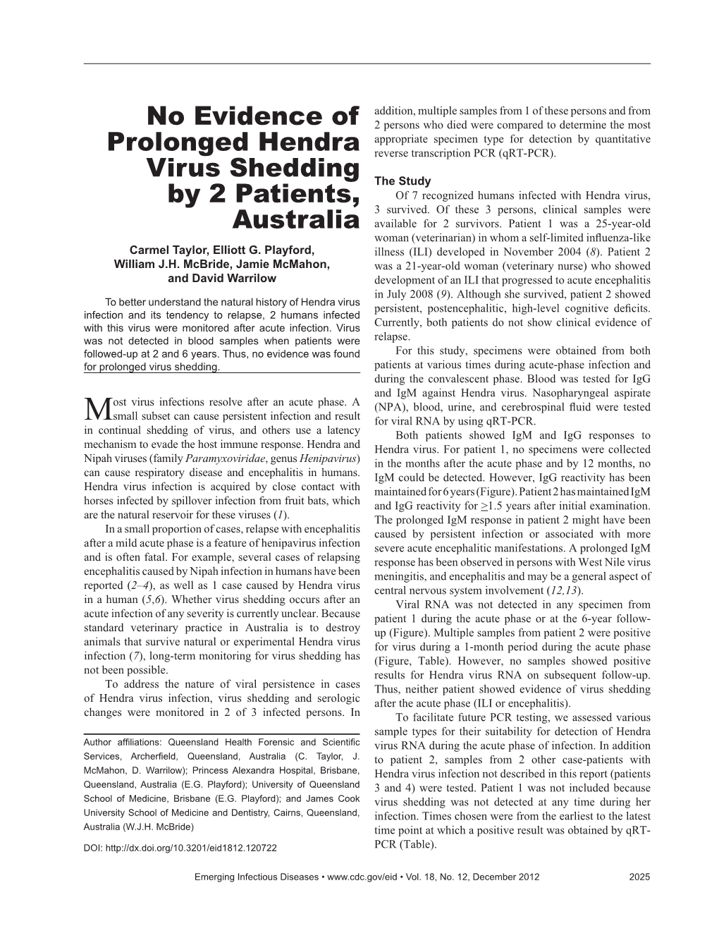 No Evidence of Prolonged Hendra Virus Shedding by 2 Patients