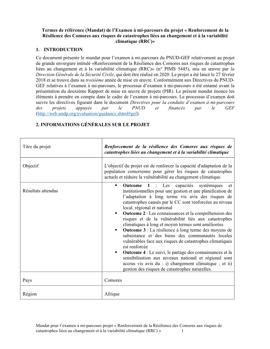 1 Termes De Référence (Mandat) De L'examen À Mi-Parcours Du Projet