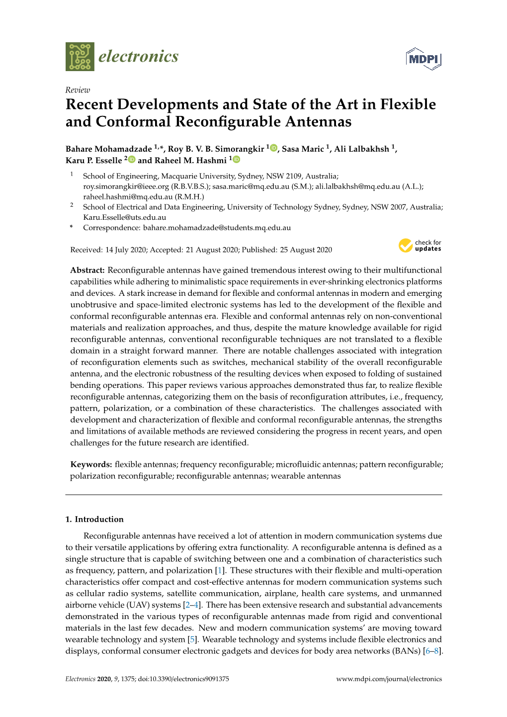 Recent Developments and State of the Art in Flexible and Conformal Reconﬁgurable Antennas