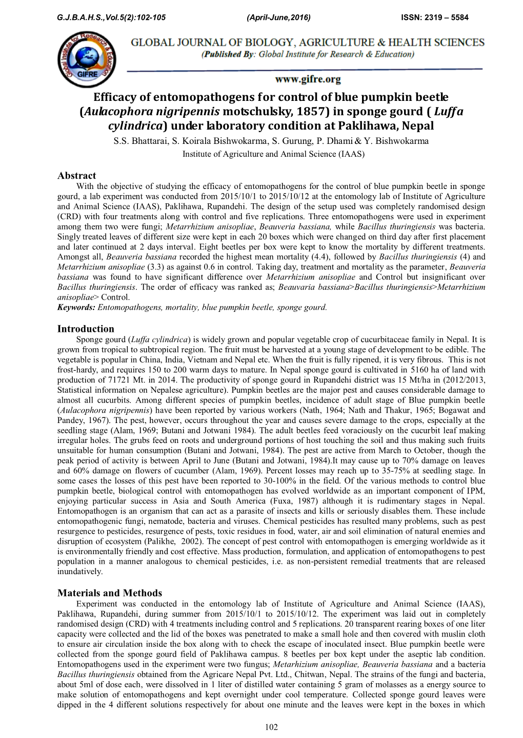 Efficacy of Entomopathogens for Control of Blue Pumpkin Beetle