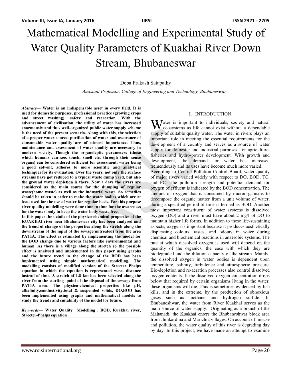 Mathematical Modelling and Experimental Study of Water Quality Parameters of Kuakhai River Down Stream, Bhubaneswar