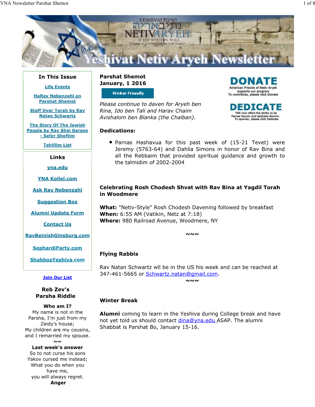 YNA Newsletter Parshat Shemot 1 of 8