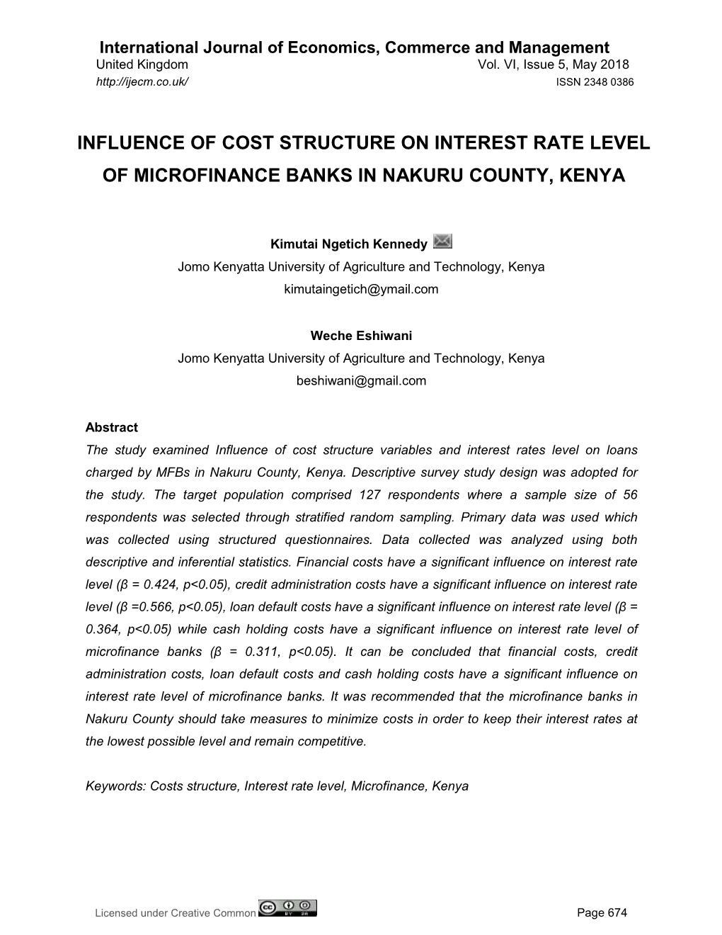 Influence of Cost Structure on Interest Rate Level of Microfinance Banks in Nakuru County, Kenya