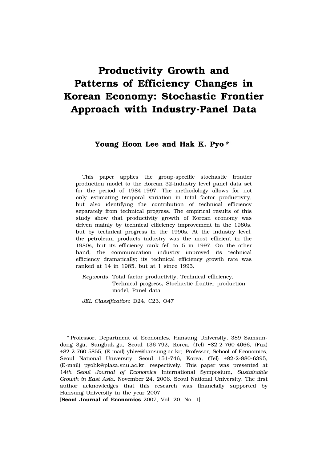 Productivity Growth and Patterns of Efficiency Changes in Korean Economy: Stochastic Frontier Approach with Industry-Panel Data