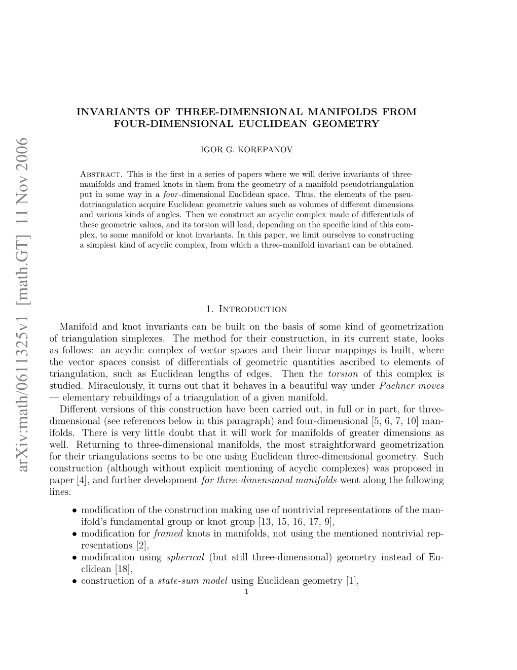 Arxiv:Math/0611325V1 [Math.GT] 11 Nov 2006 Lines: Raglto,Sc Secienlntso De.Te the Then a Edges