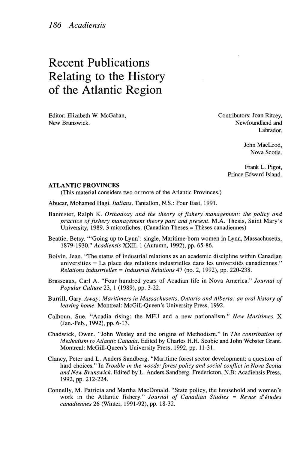 Recent Publications Relating to the History of the Atlantic Region