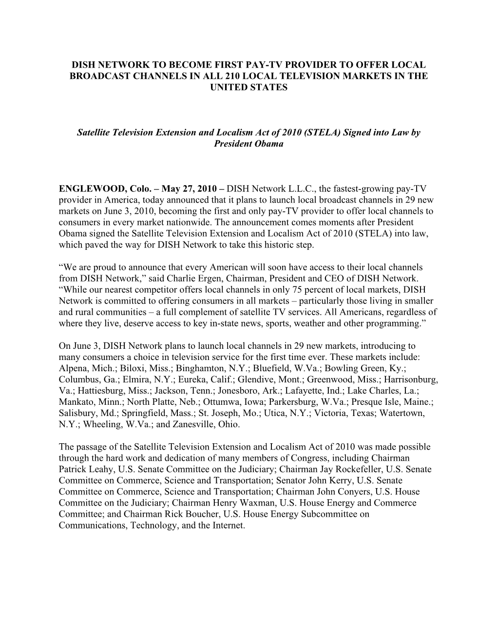Dish Network to Become First Pay-Tv Provider to Offer Local Broadcast Channels in All 210 Local Television Markets in the United States