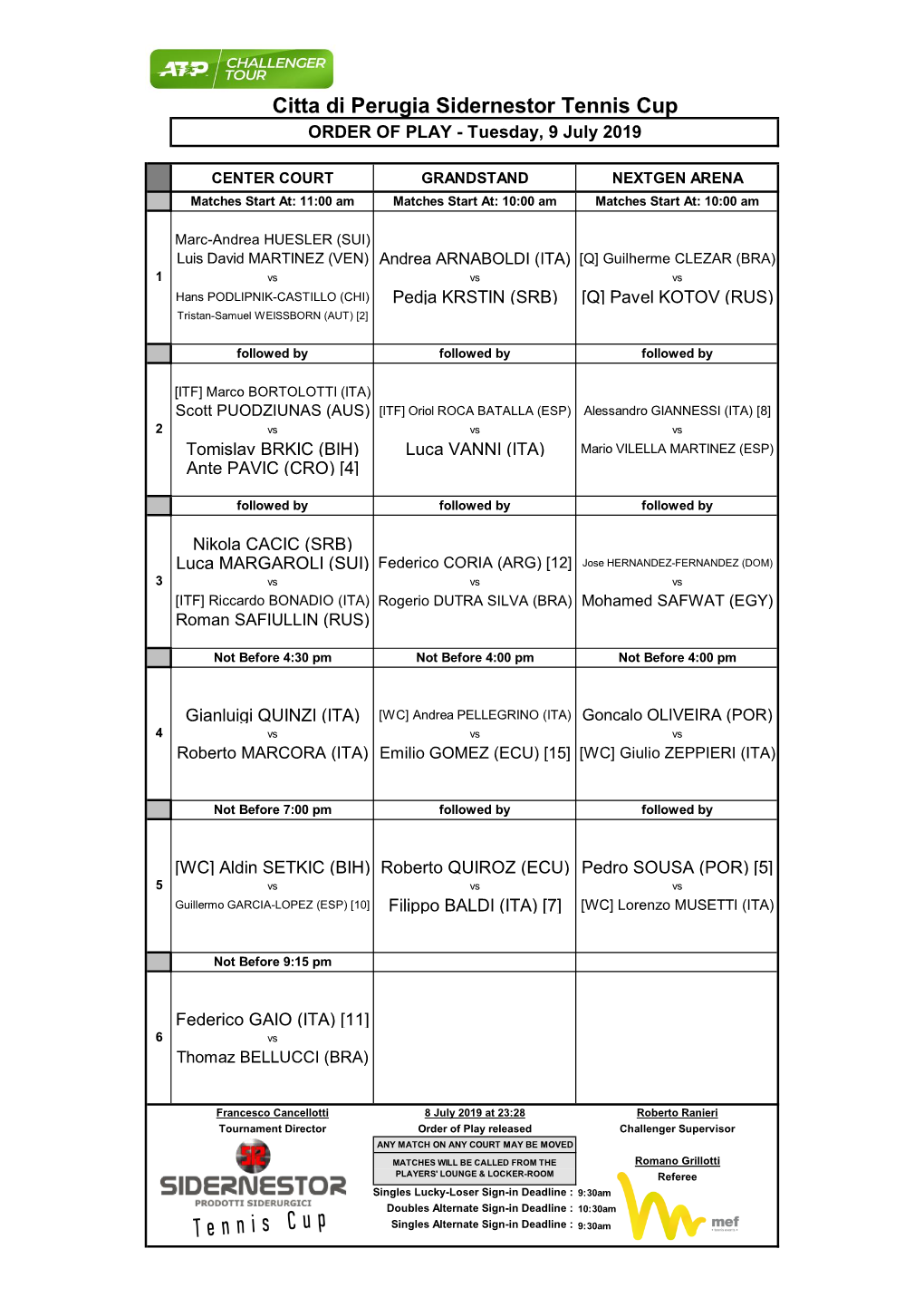 Citta Di Perugia Sidernestor Tennis Cup ORDER of PLAY - Tuesday, 9 July 2019