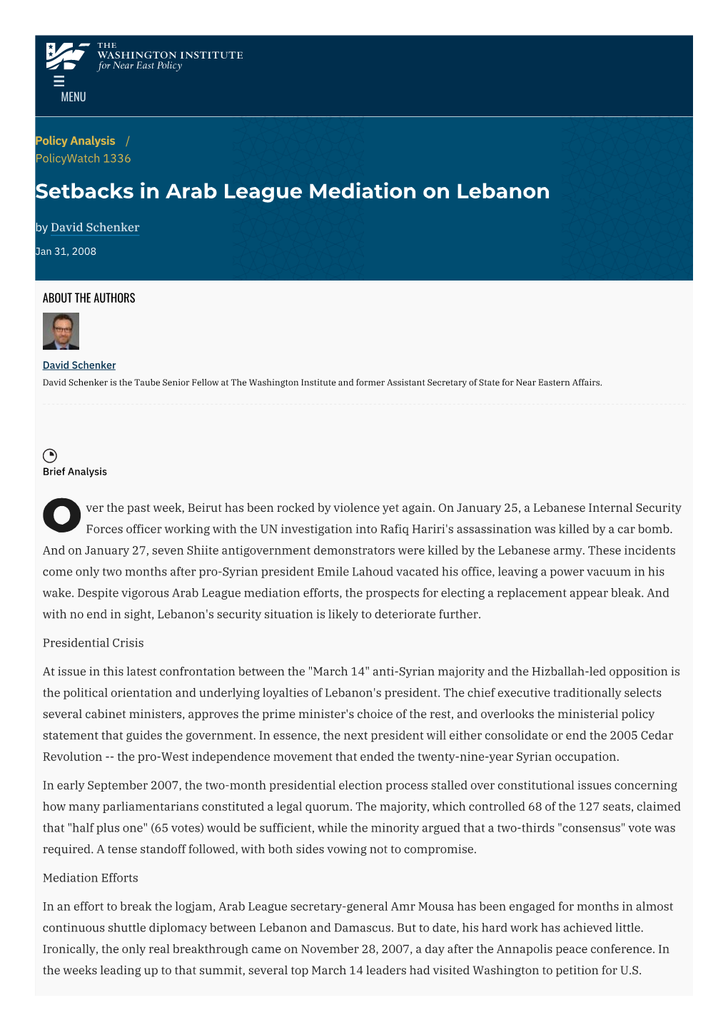 Setbacks in Arab League Mediation on Lebanon | the Washington