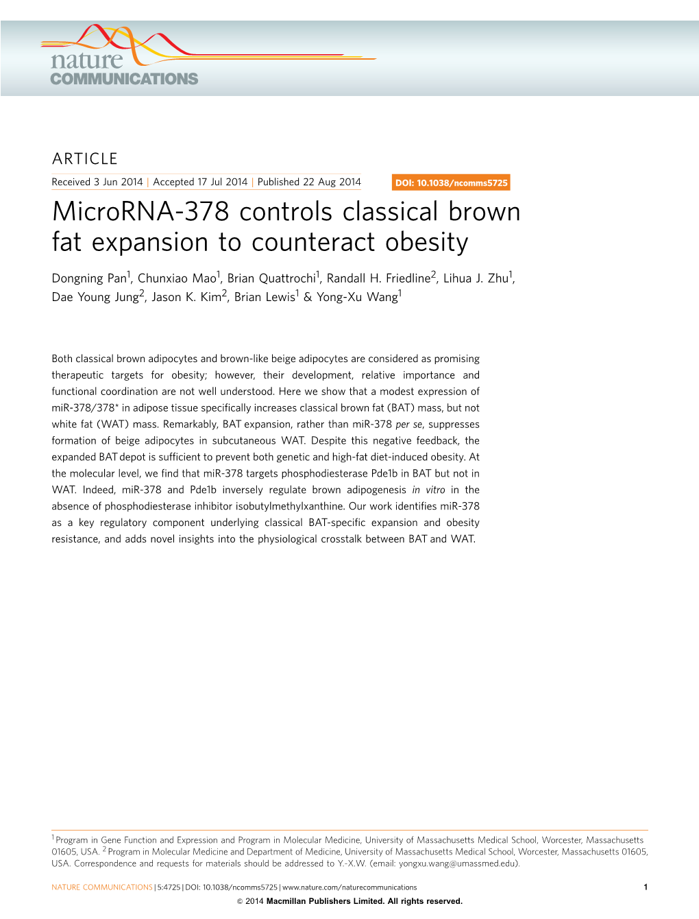 Microrna-378 Controls Classical Brown Fat Expansion to Counteract Obesity