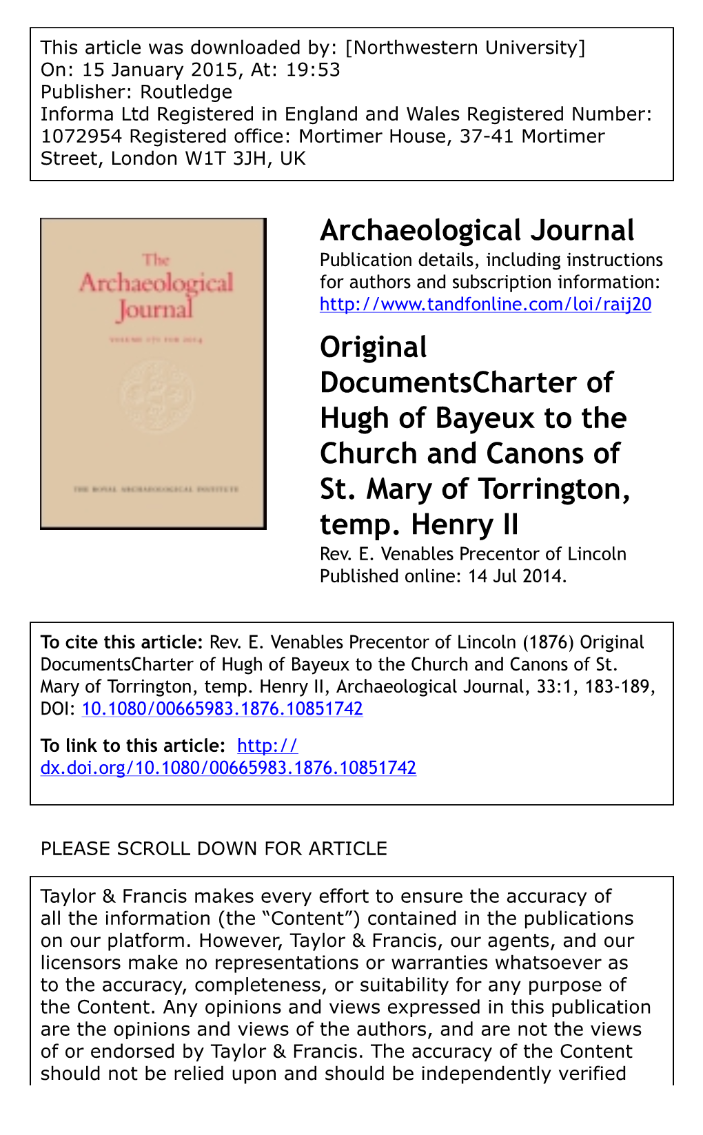 Archaeological Journal Original Documentscharter of Hugh Of