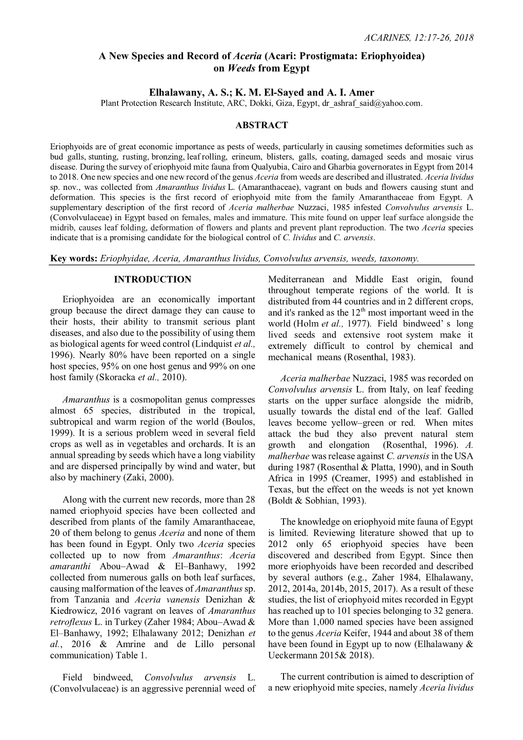 A New Species and Record of Aceria (Acari: Prostigmata: Eriophyoidea) on Weeds from Egypt