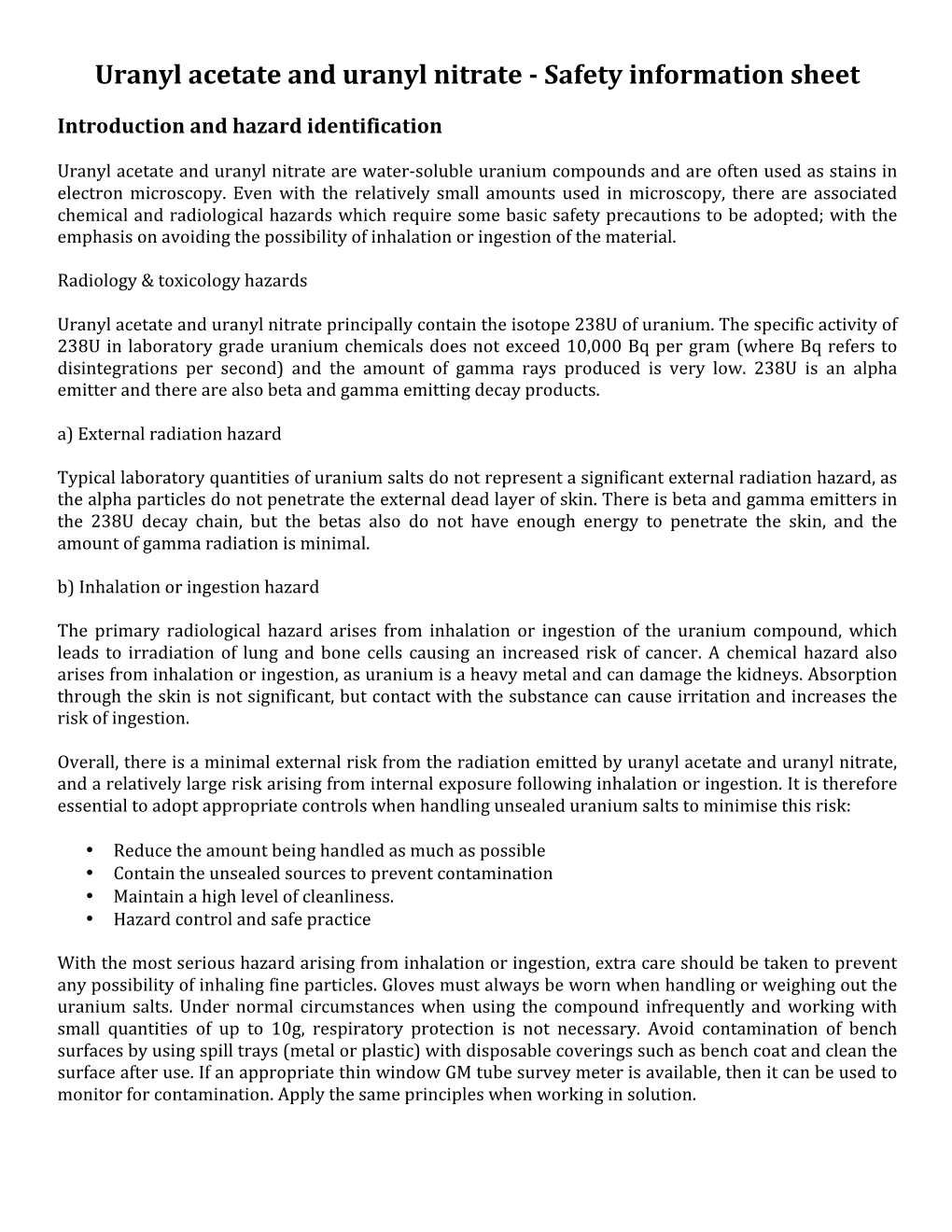 Uranyl Acetate and Uranyl Nitrate - Safety Information Sheet