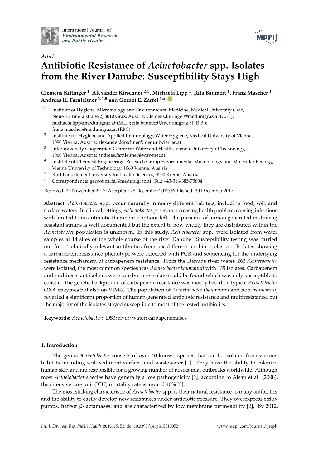 Antibiotic Resistance of Acinetobacter Spp. Isolates from the River Danube: Susceptibility Stays High