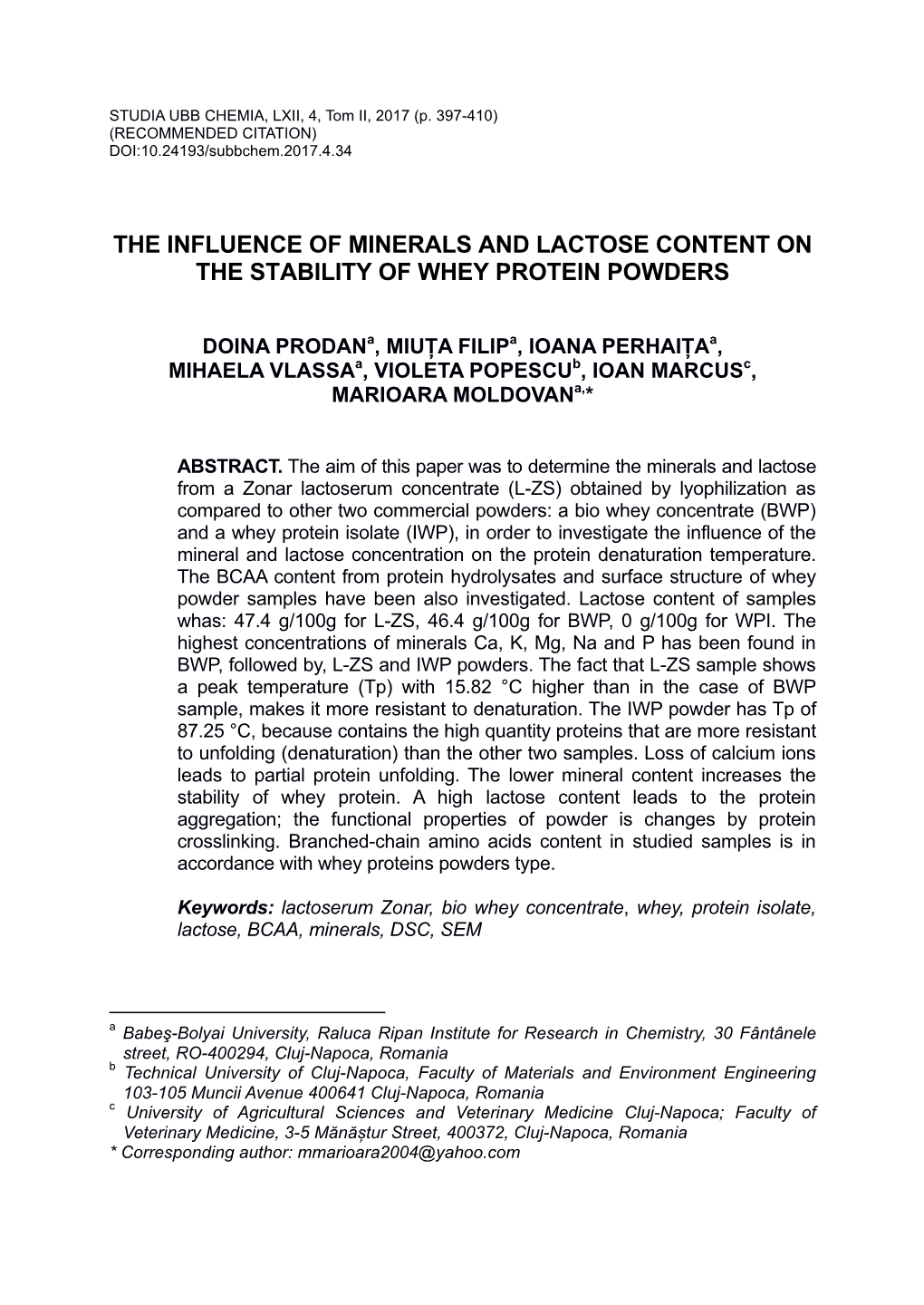 The Influence of Minerals and Lactose Content on the Stability of Whey Protein Powders