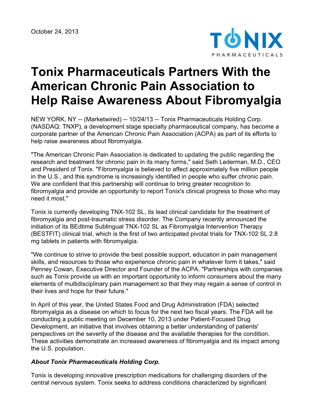 Tonix Pharmaceuticals Partners with the American Chronic Pain Association to Help Raise Awareness About Fibromyalgia