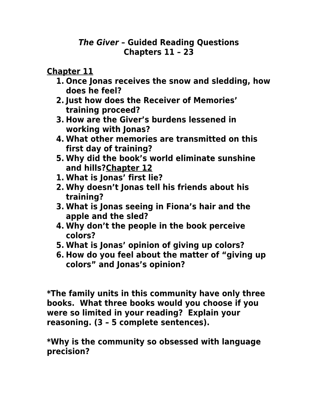 The Giver – Guided Reading Questions