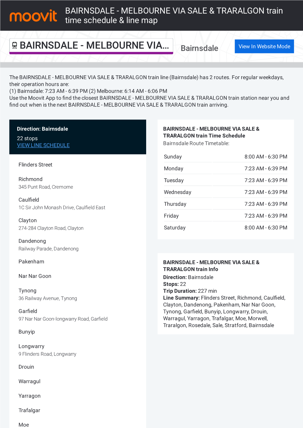 BAIRNSDALE - MELBOURNE VIA SALE & TRARALGON Train Time Schedule & Line Map