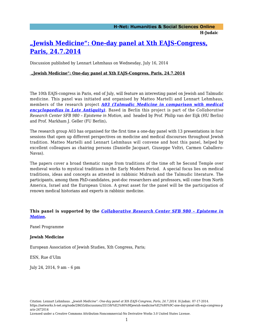 „Jewish Medicine“: One-Day Panel at Xth EAJS-Congress, Paris, 24.7.2014