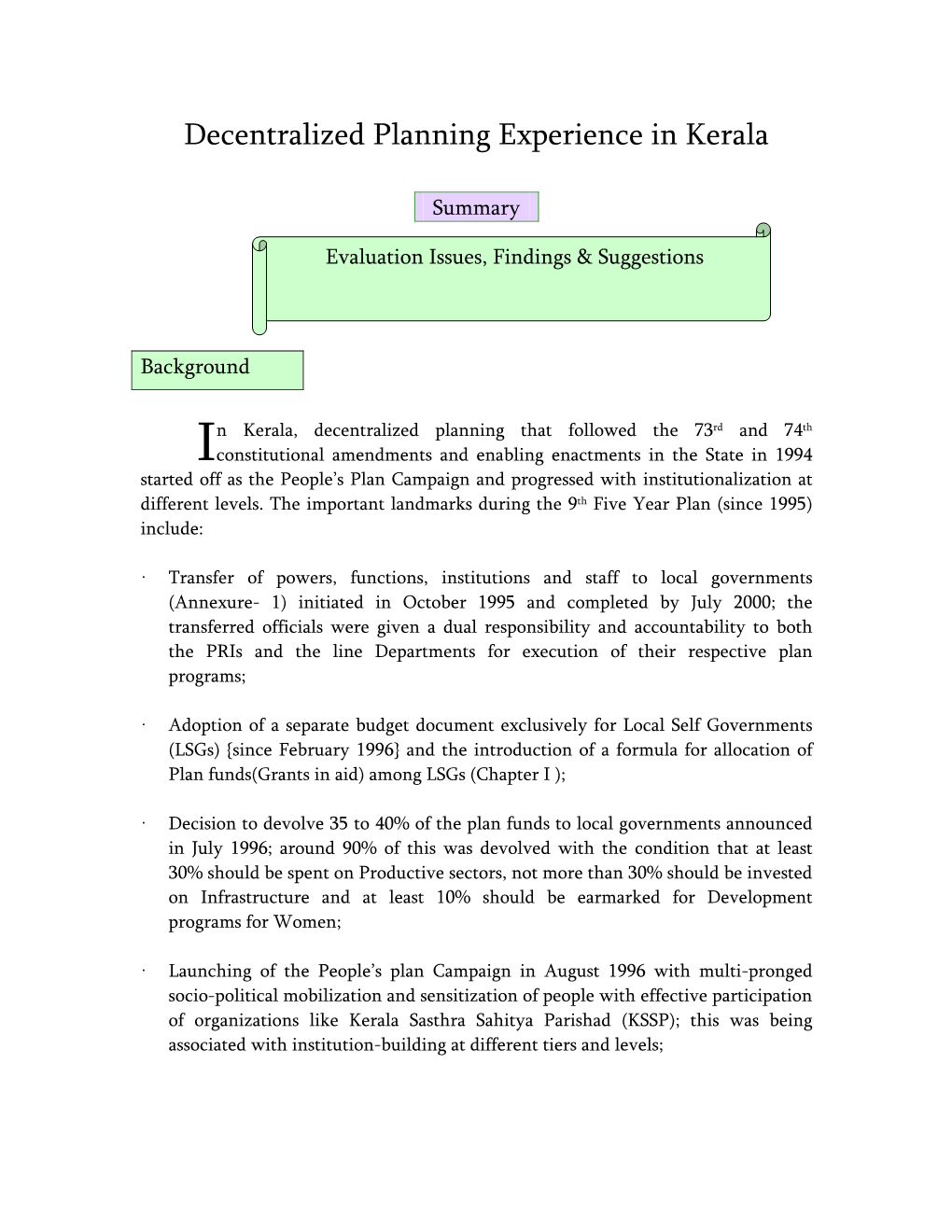 Decentralized Planning Experience in Kerala