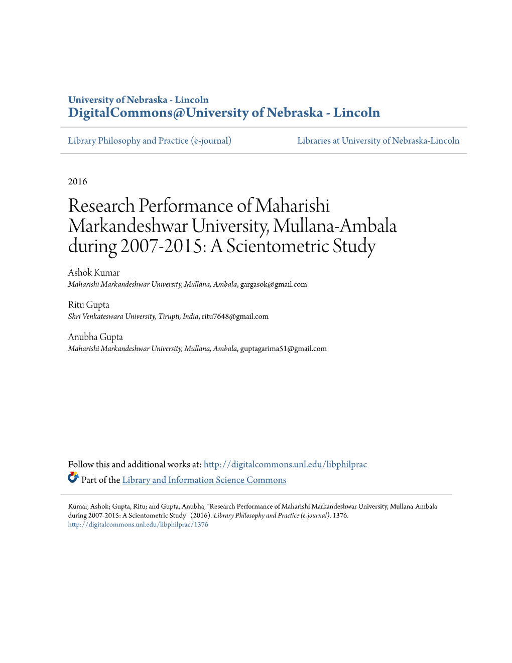 Research Performance of Maharishi Markandeshwar University, Mullana