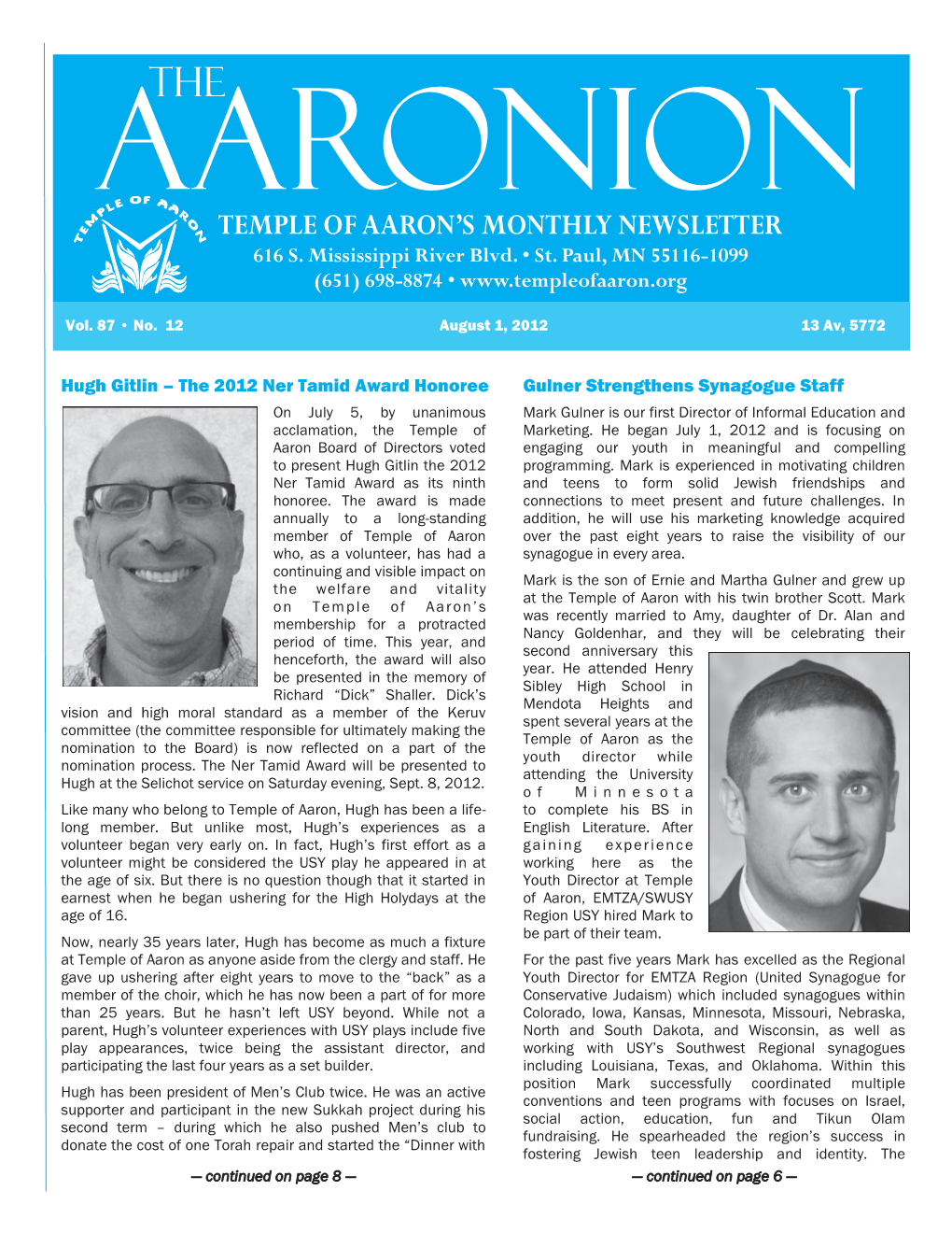 Temple of Aaron's Monthly Newsletter