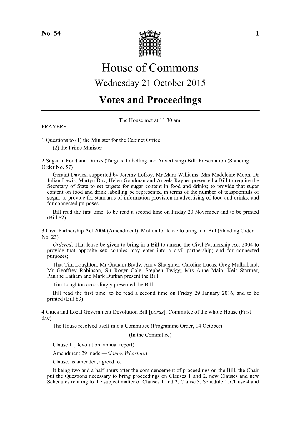 House of Commons Wednesday 21 October 2015 Votes and Proceedings