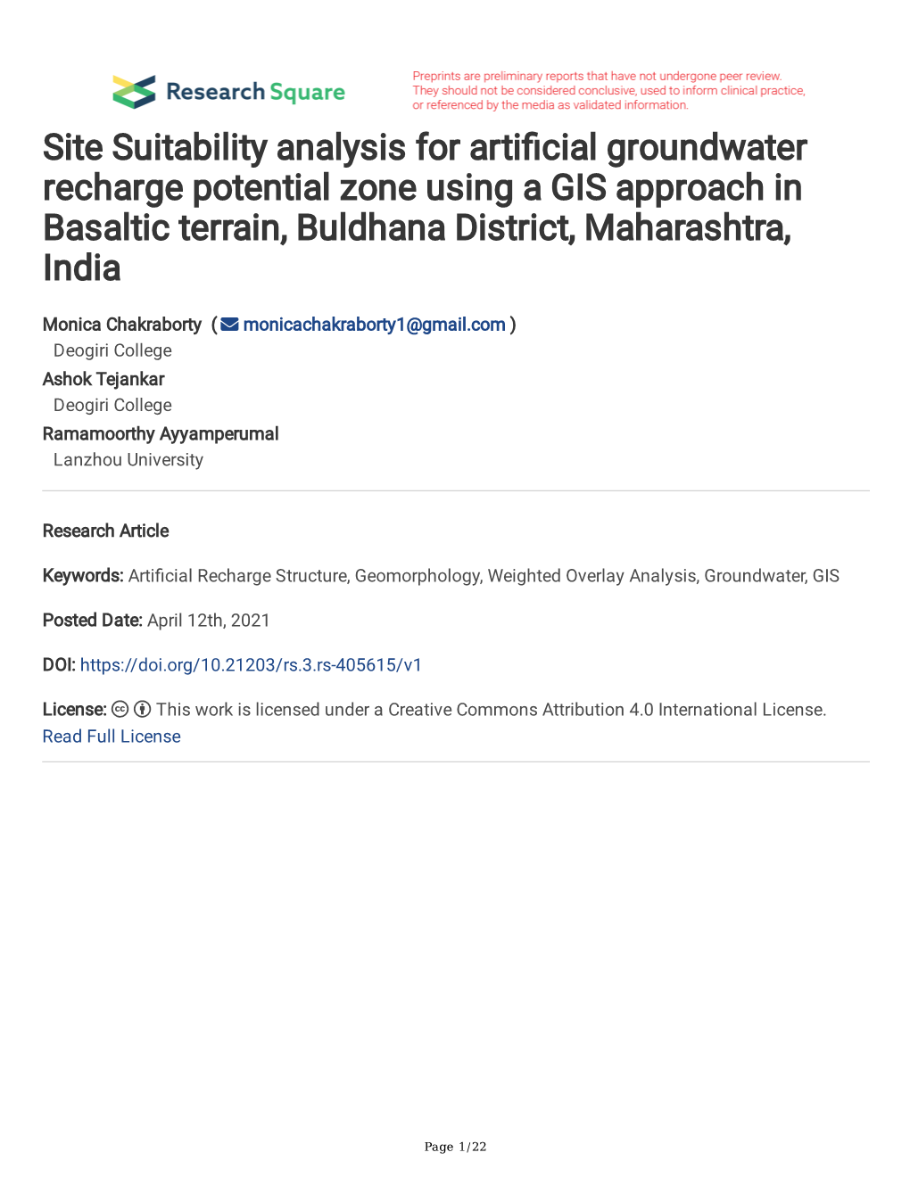 Site Suitability Analysis for Arti Cial Groundwater Recharge Potential